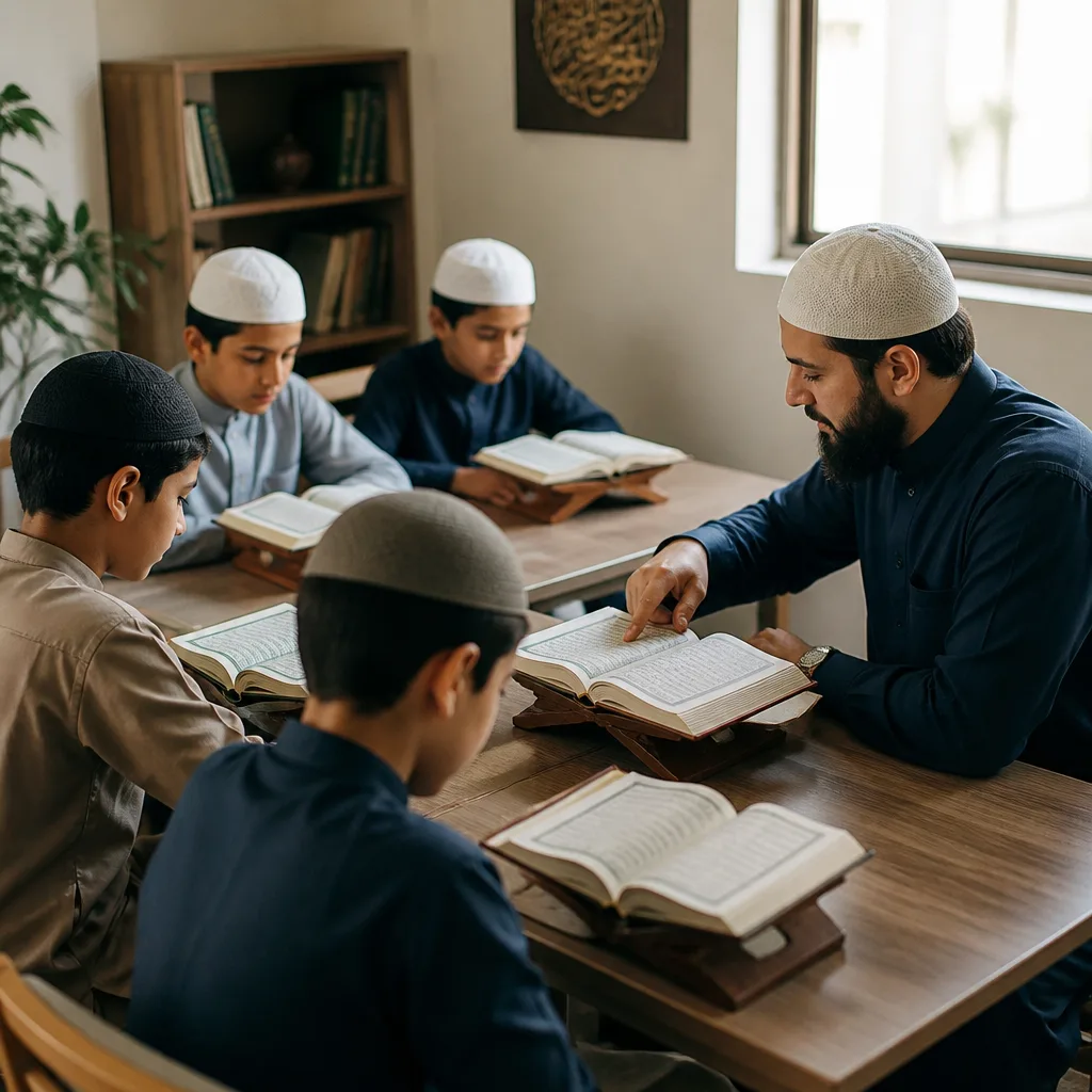 Youth learning Quran memorization with a teacher in a respectful classroom setting