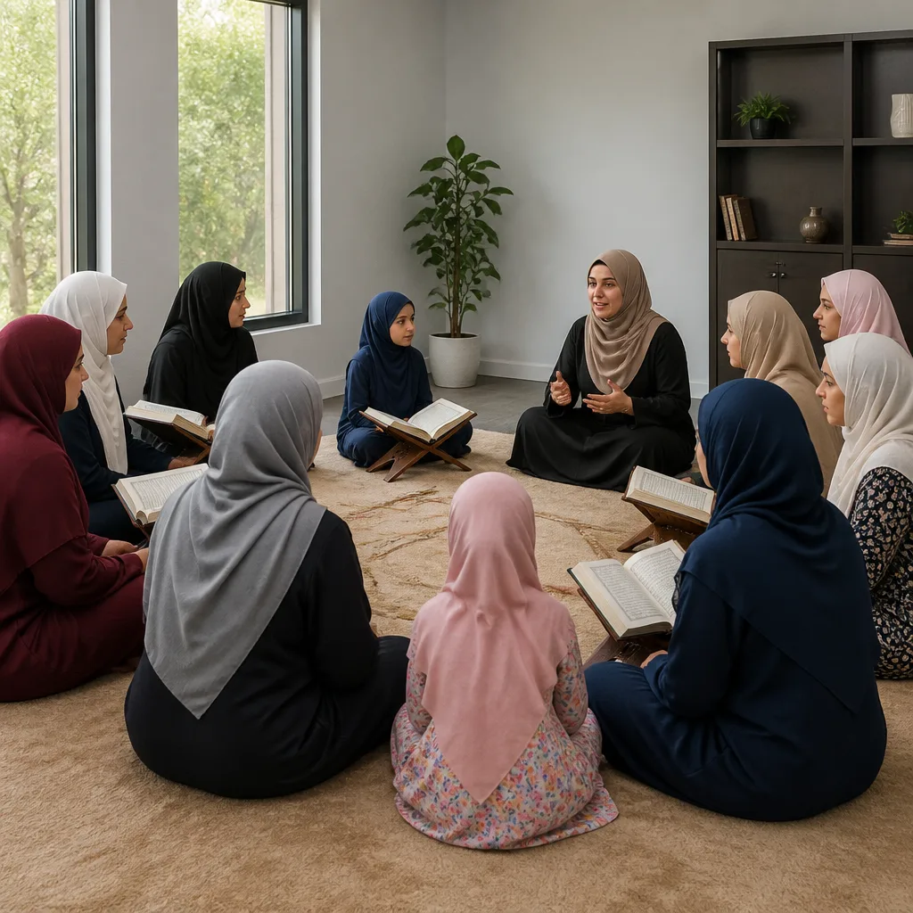 Sisters and mothers in a peaceful Quran study circle with a teacher