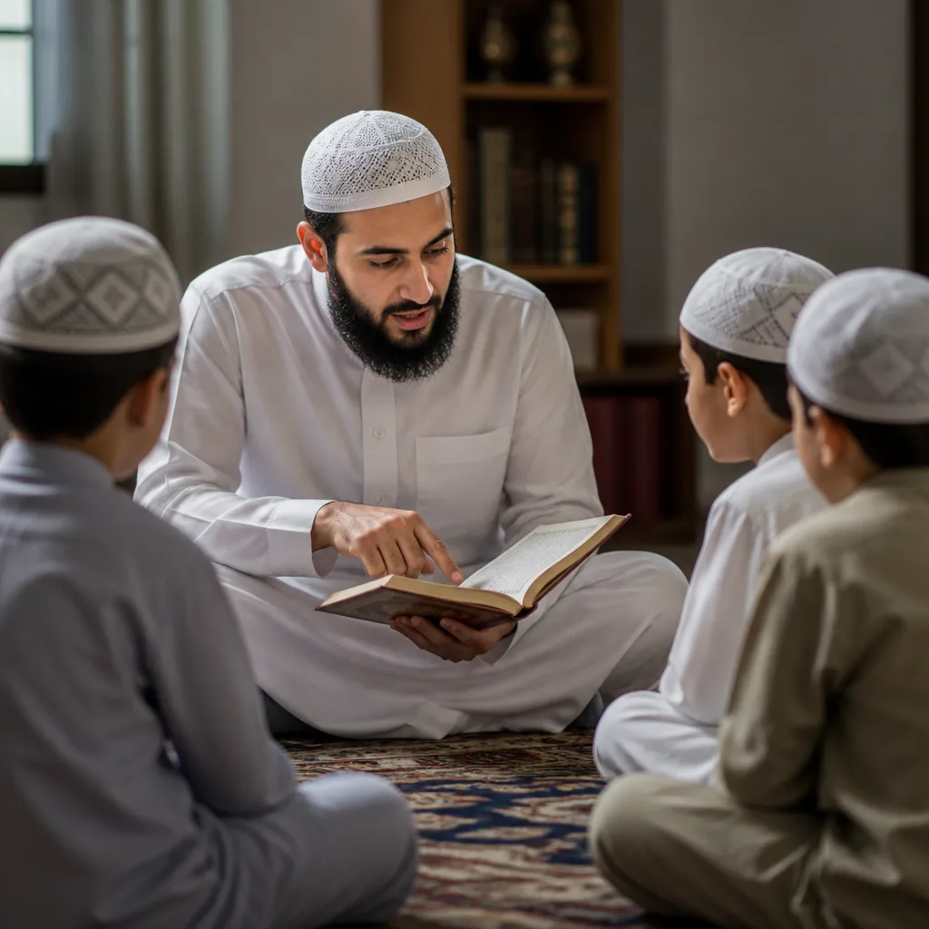 A teacher guiding a memorization session in a quiet study room