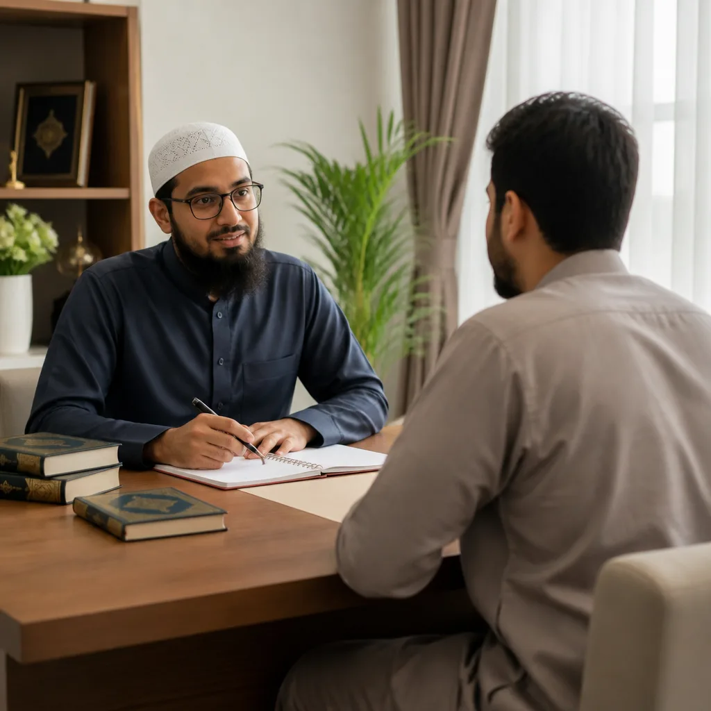 A parent and teacher reviewing Qur’an memorization progress in a calm setting