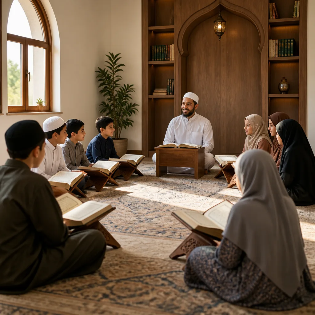 Children and teens learning Qur’an memorization in a supportive community classroom setting
