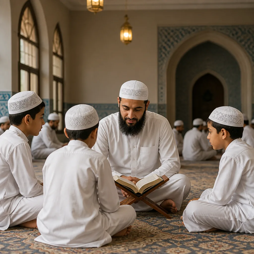 Students and families in a calm mosque learning environment