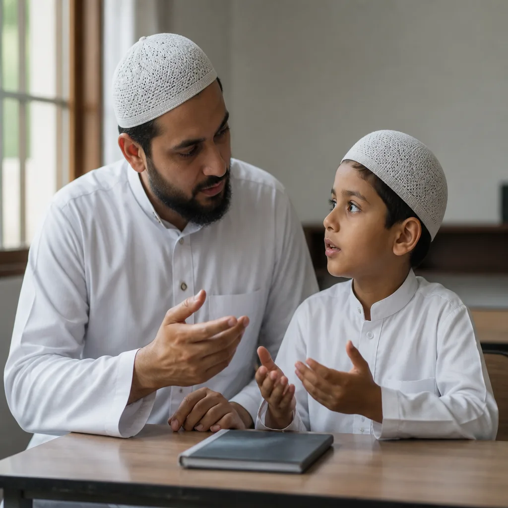 Teacher and student reviewing recitation practice at a desk