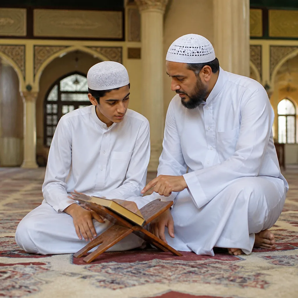 Close mentoring moment between a teacher and student in a mosque