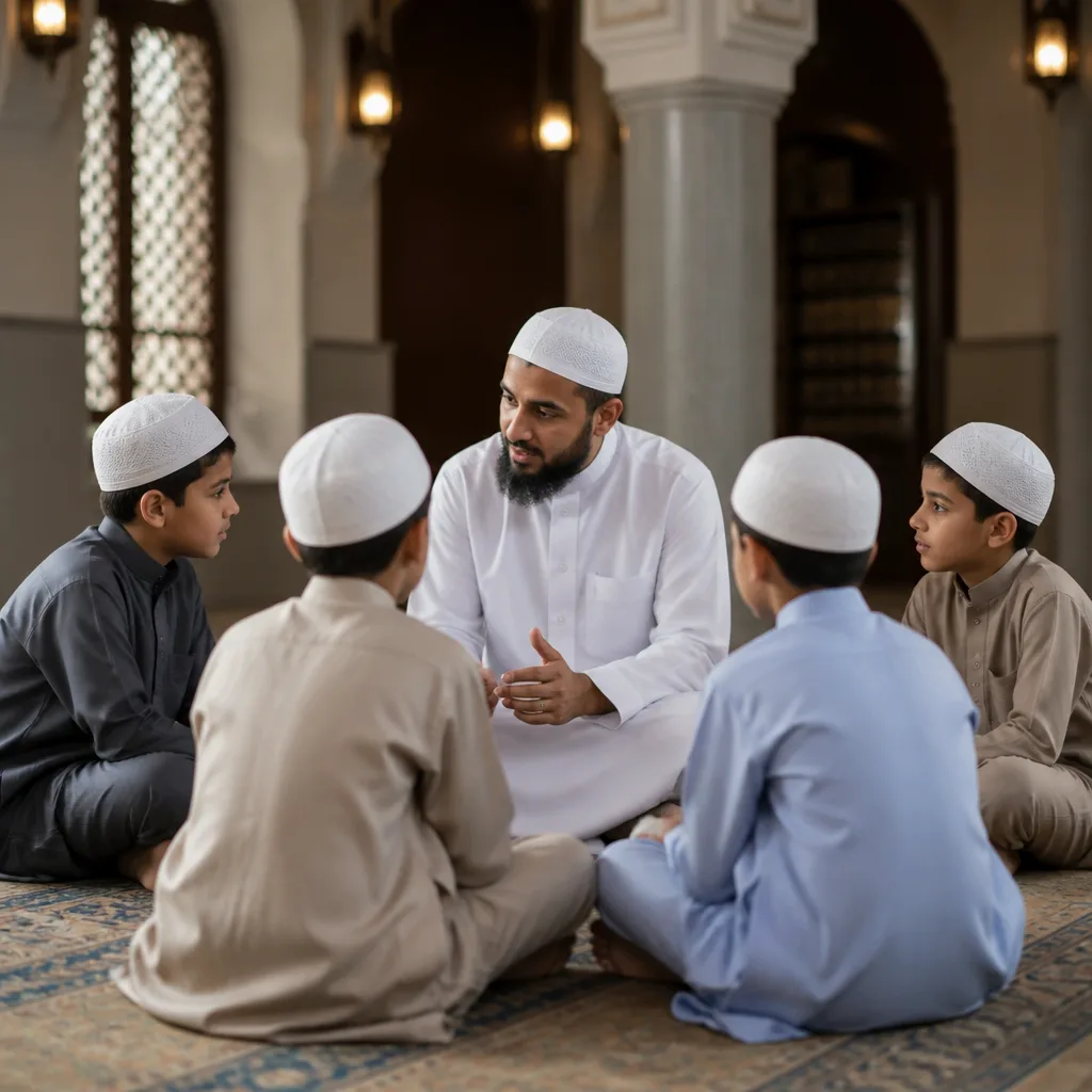 Teacher guiding students during a Quran study session