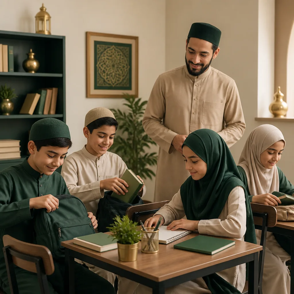 Students preparing for Qur’an learning with teacher guidance in a supportive classroom environment.