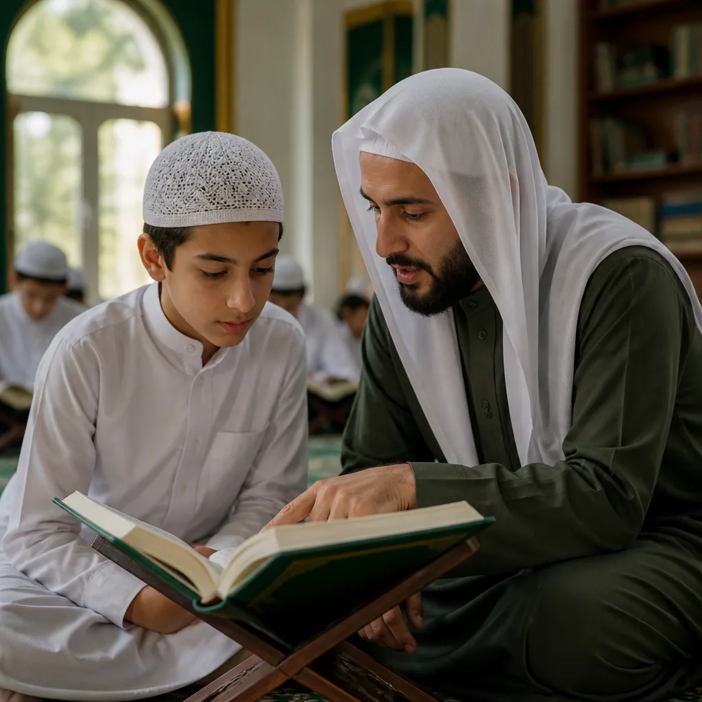 Teacher guiding a student during Qur’an recitation with tajweed support in a calm learning space.