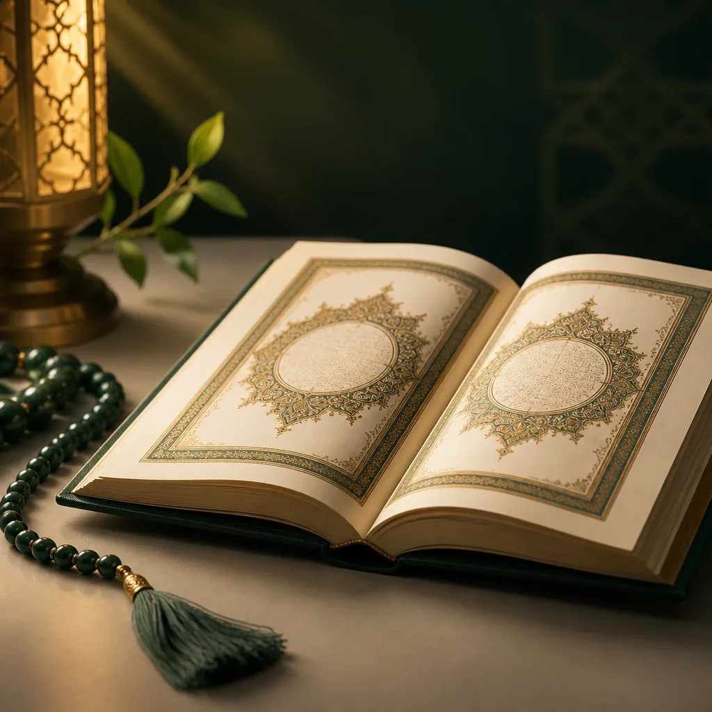 Softly lit Qur’an pages representing accurate tajweed-focused recitation.