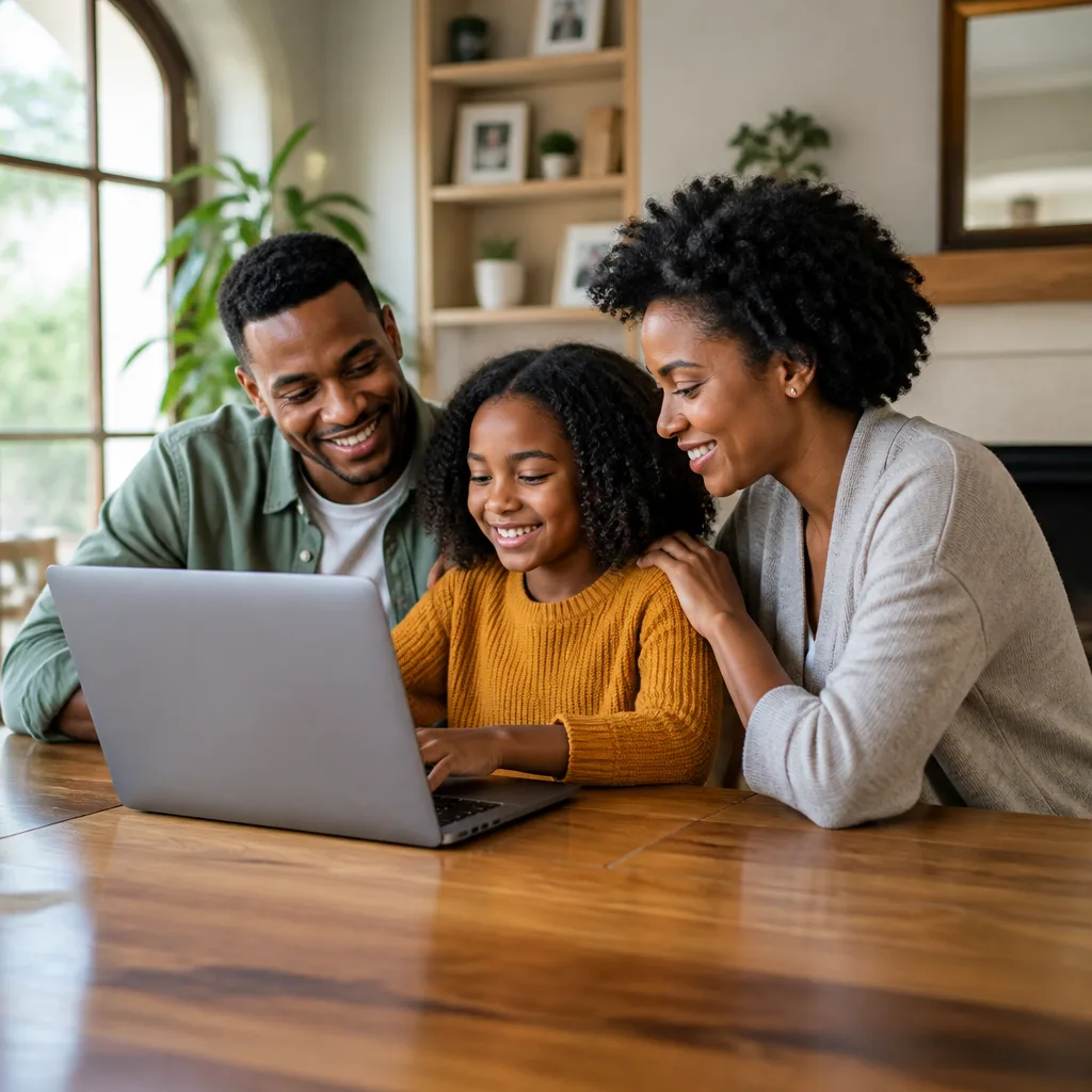 Family reviewing lessons at a calm home table