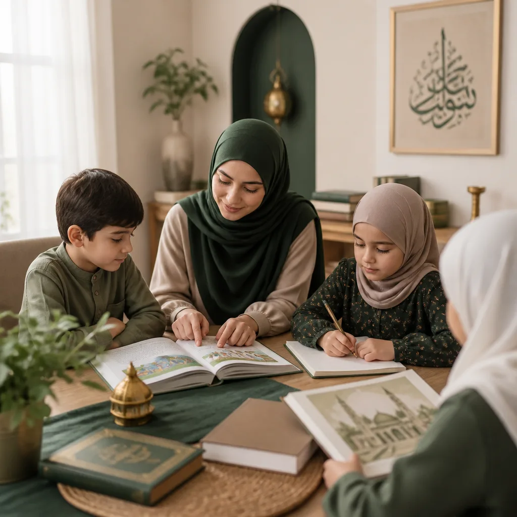 Homeschooling family reviewing Islamic learning materials together in a calm community setting