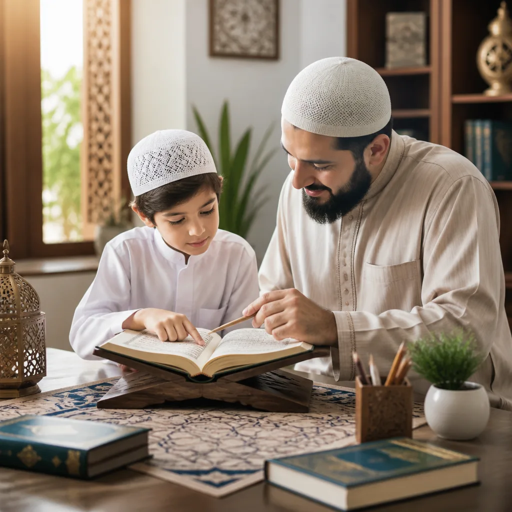 Child learning Qur’an basics in a respectful, well-lit study environment