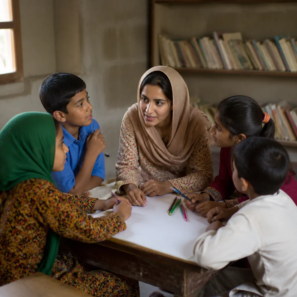 Children learning together with a mentor in a community setting
