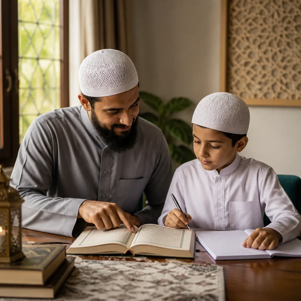 Parent and child learning together with Islamic study materials at a home table