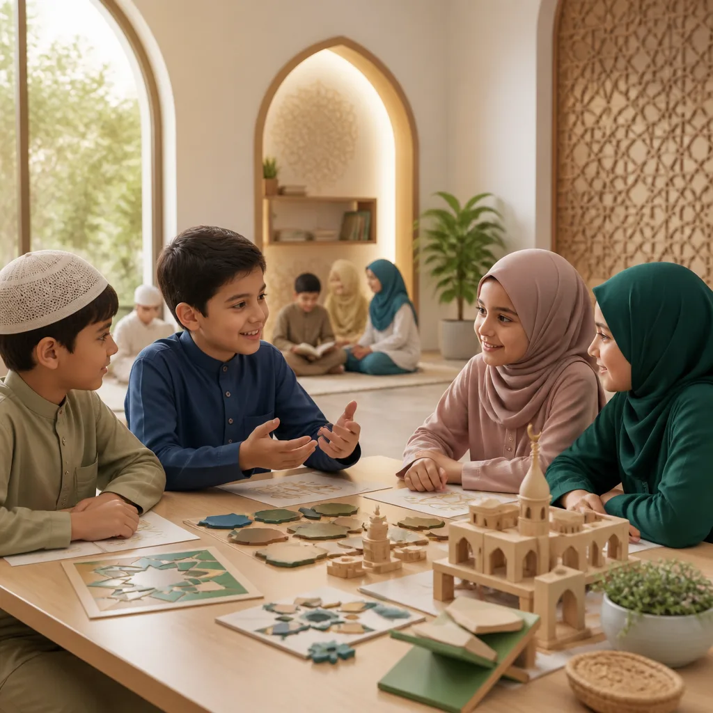 Children engaging in age-appropriate Islamic learning activities (no visible text).