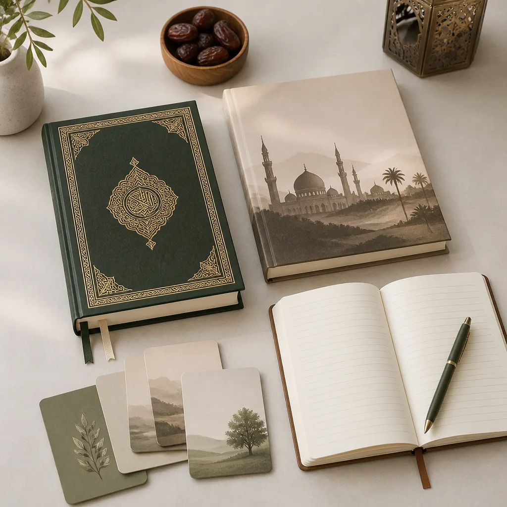 Islamic learning materials representing Qur’an, seerah, fiqh, and character study