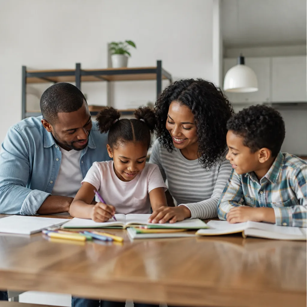 Family learning together at home in a calm, well-lit setting
