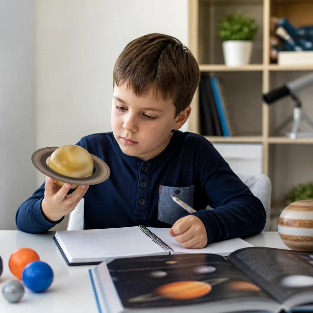 A child engaged with themed learning materials at a desk