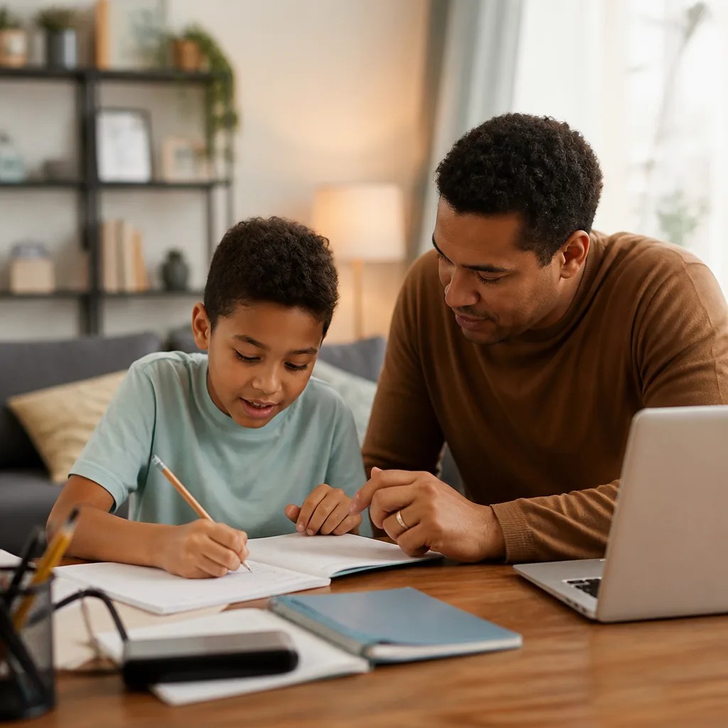 A parent guiding a child during home study