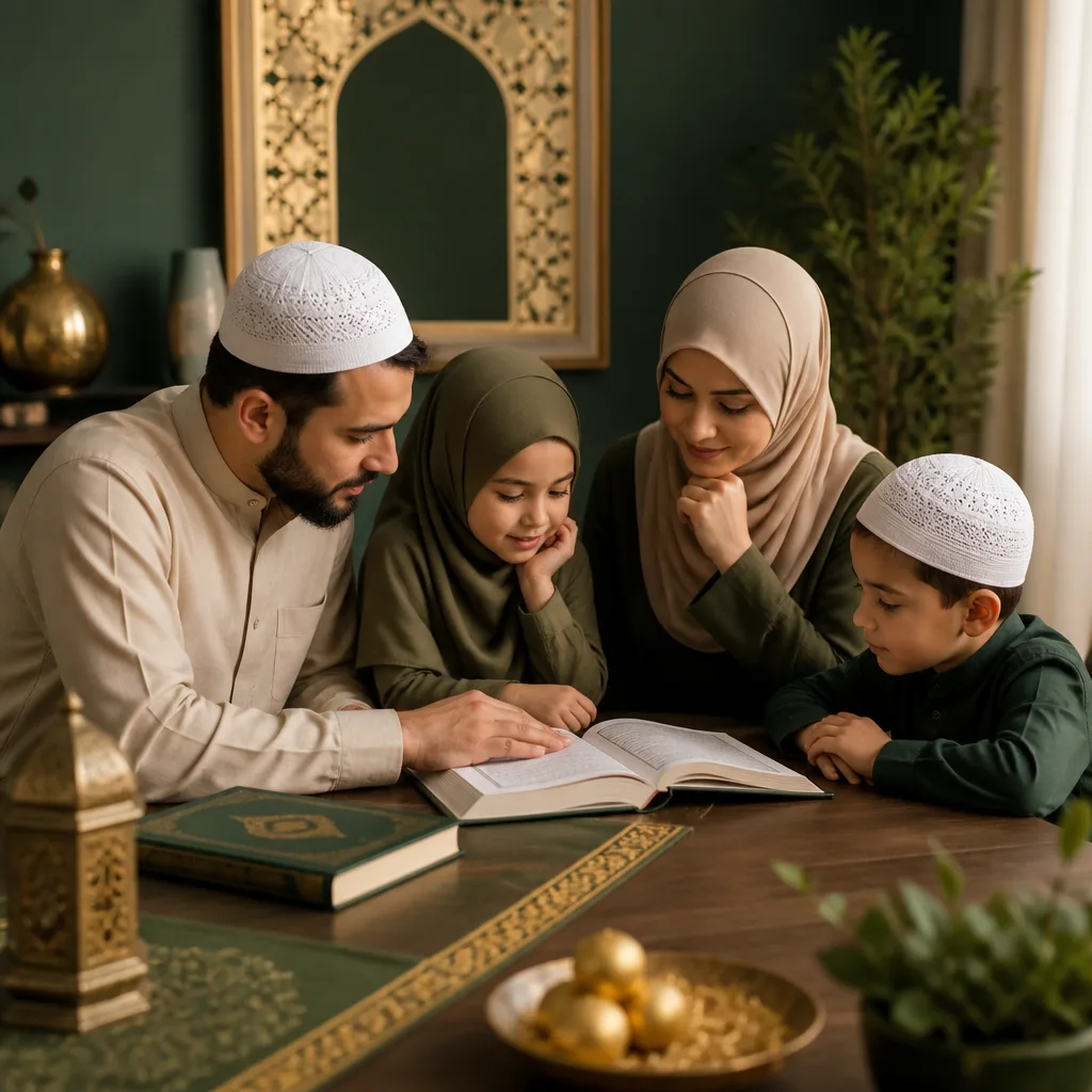 Family learning Islamic guidance together in a calm, welcoming setting.