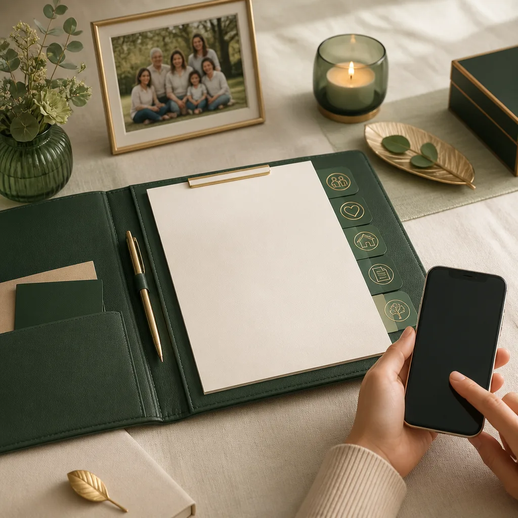A calm, premium planning scene representing first steps from an initial call to burial day.