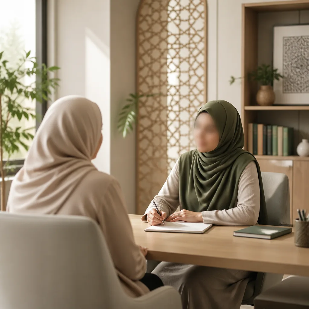 AMCC team consultation setting for Islamic funeral support guidance in a calm community space.