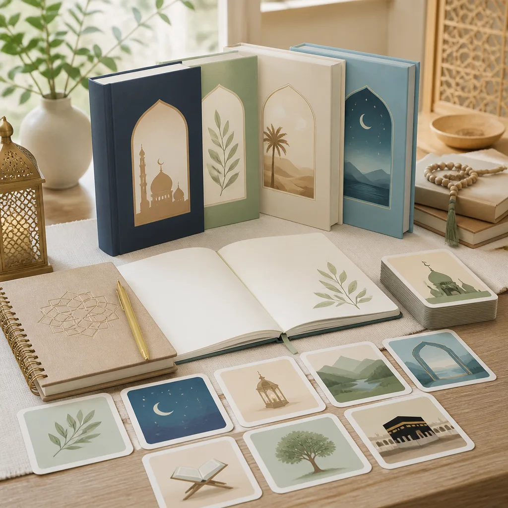 Neatly arranged Islamic unit study materials on a serene learning table.