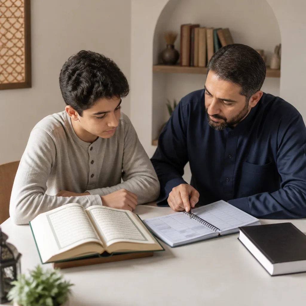 Parent and teen reviewing a structured weekly homeschool plan with Qur’an learning materials.
