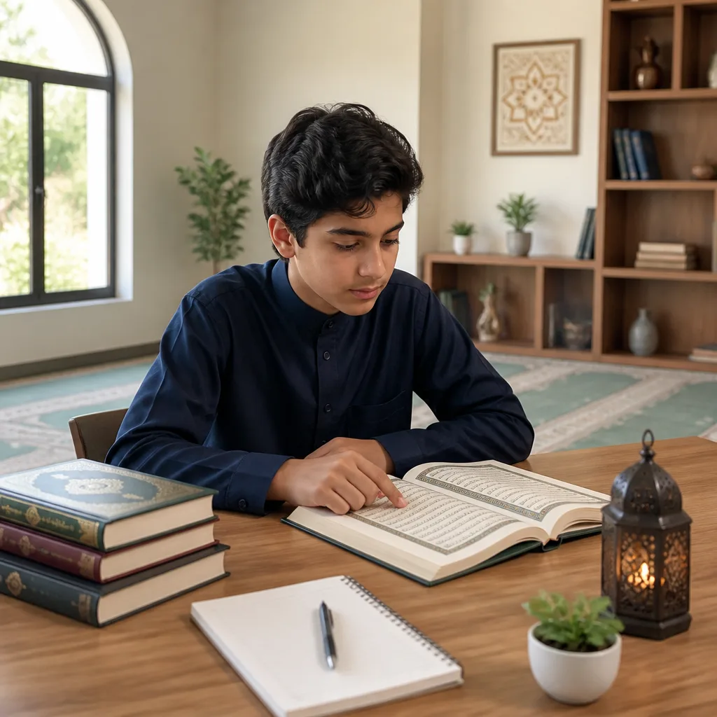 Teen student studying Islamic lessons in a bright, welcoming homeschool setting.