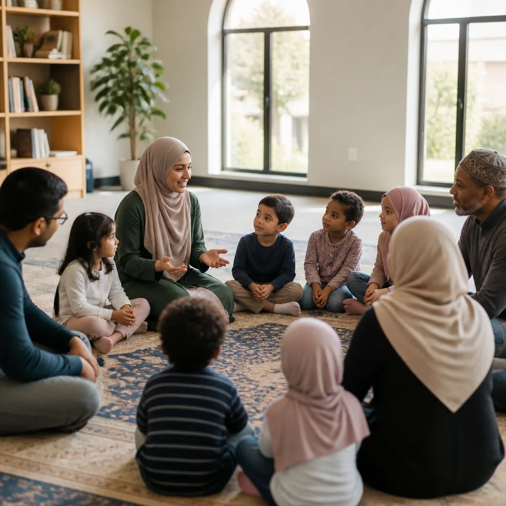 Families and children gathering for group learning in a welcoming community hall.