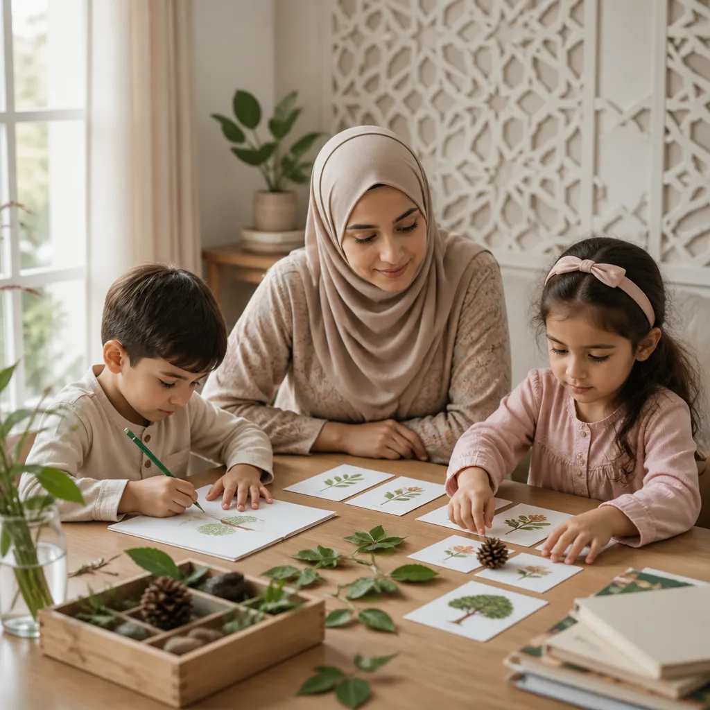 Children participating in an Islamic unit study activity at home.