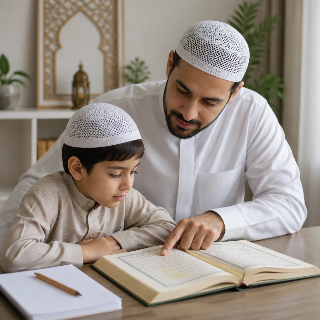 A parent and young child learning Qur’an at home in a calm setting.