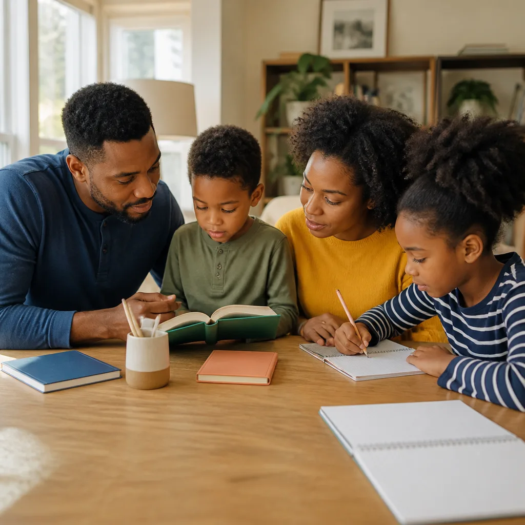 Family learning together with organized study materials