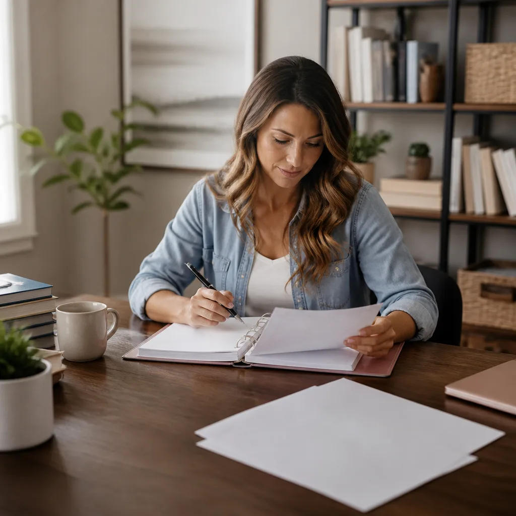 Parent reviewing a homeschool planning notebook at a desk