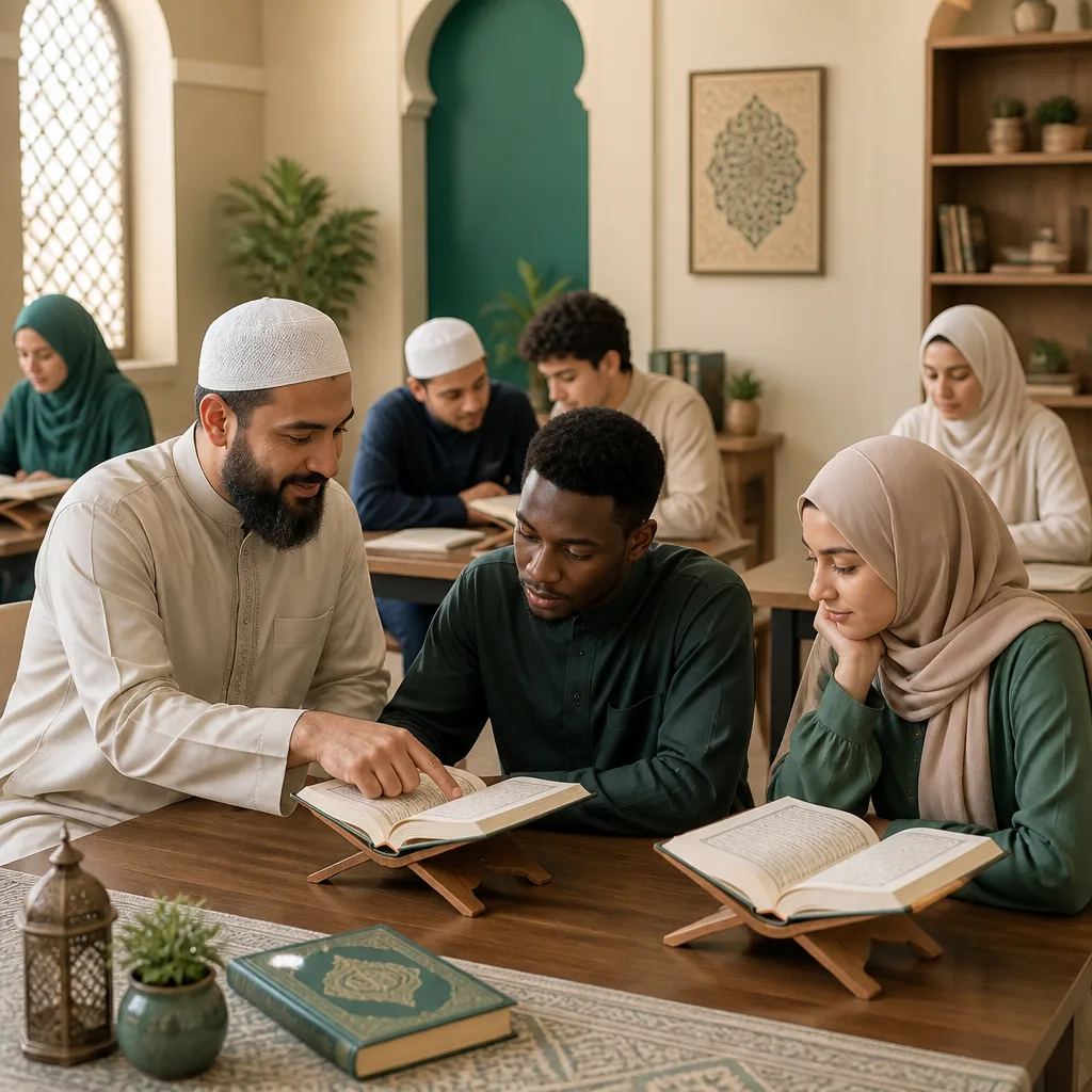 New learners receiving supportive guidance at an Islamic weekend school