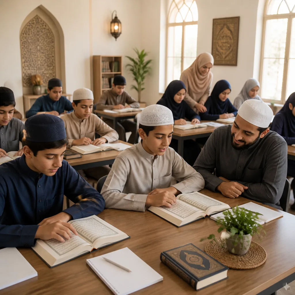 Middle school students learning Quran recitation in a calm community classroom