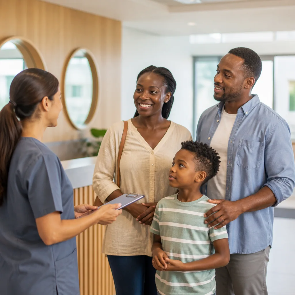 Welcoming community staff meeting a family in a calm clinic lobby