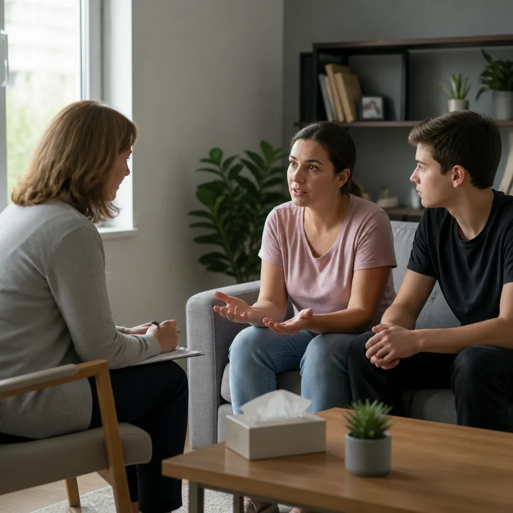 Compassionate counseling conversation with a family in a quiet office