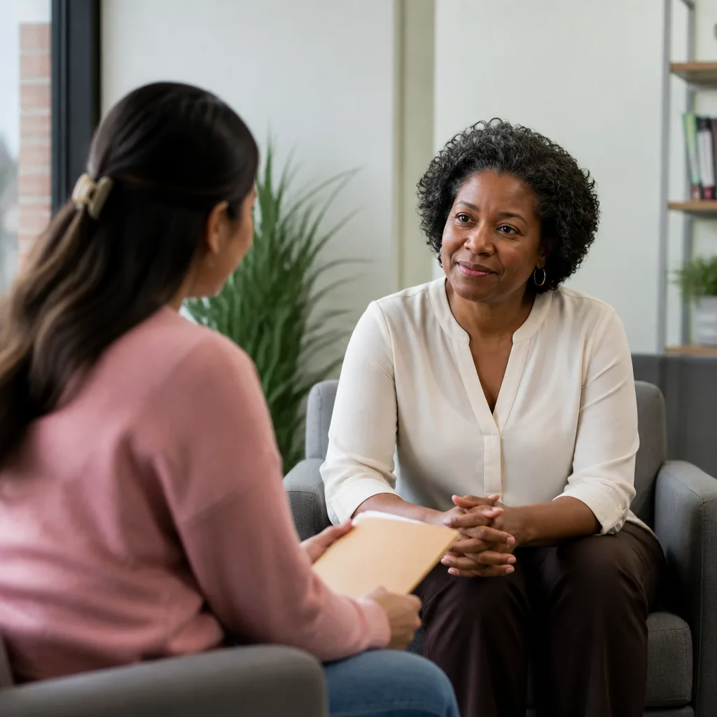 Supportive guidance moment as someone prepares to reach out