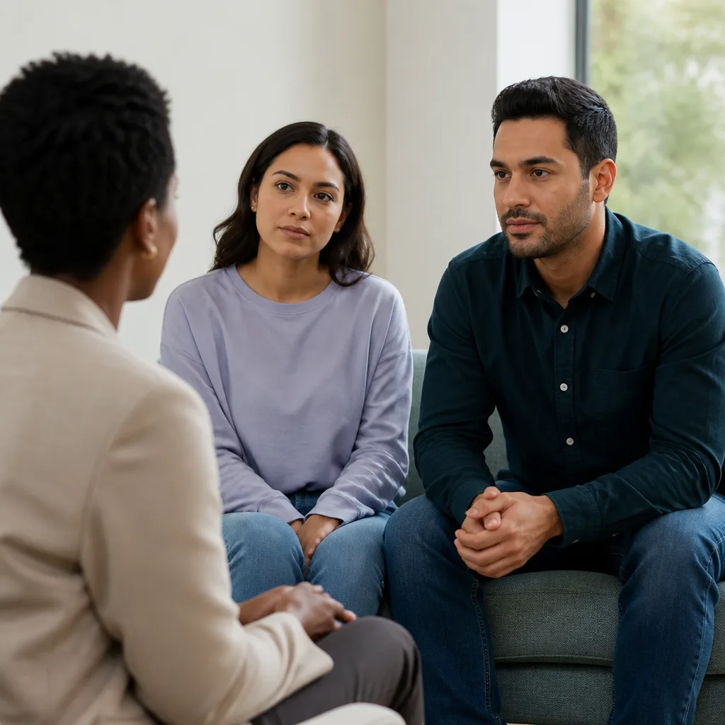 Advisor offering guidance to a couple in a quiet community room