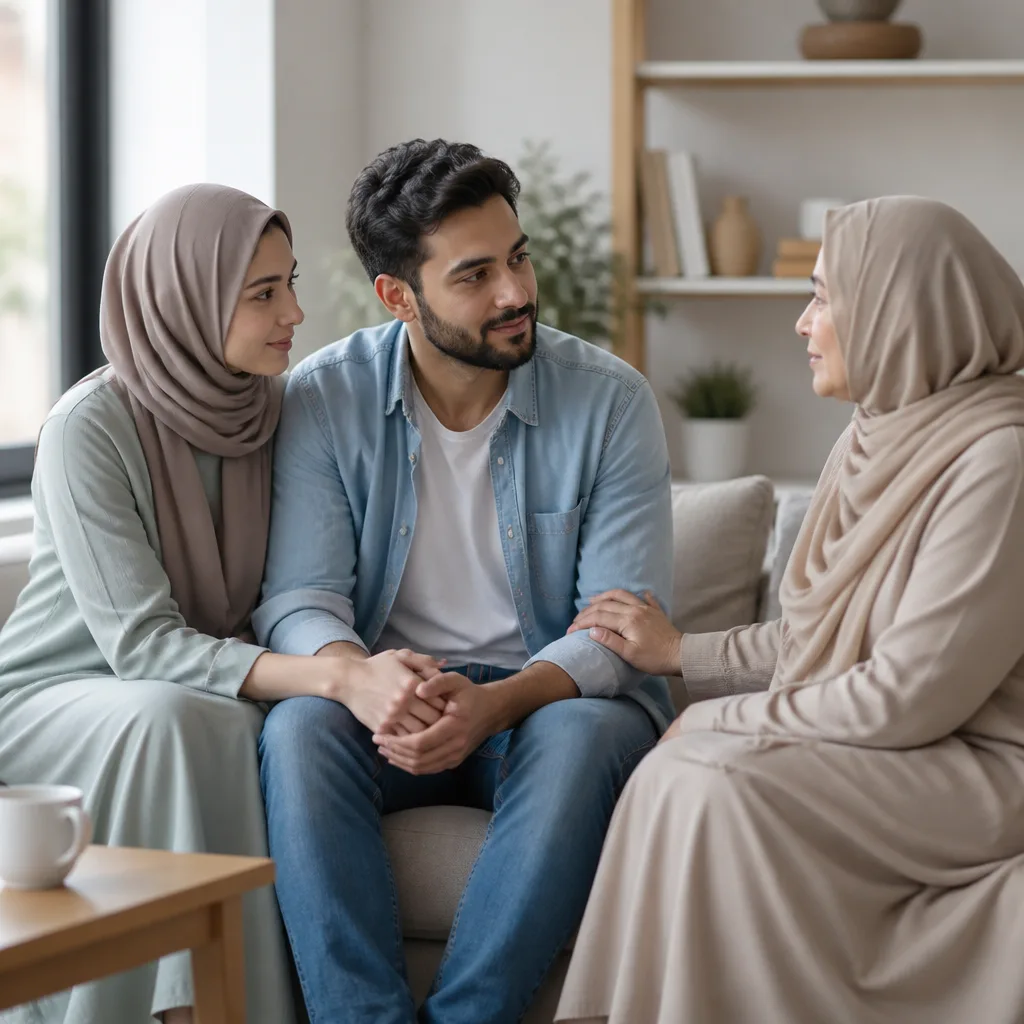 A calm, family-supported couple preparing for a Nikah in soft window light