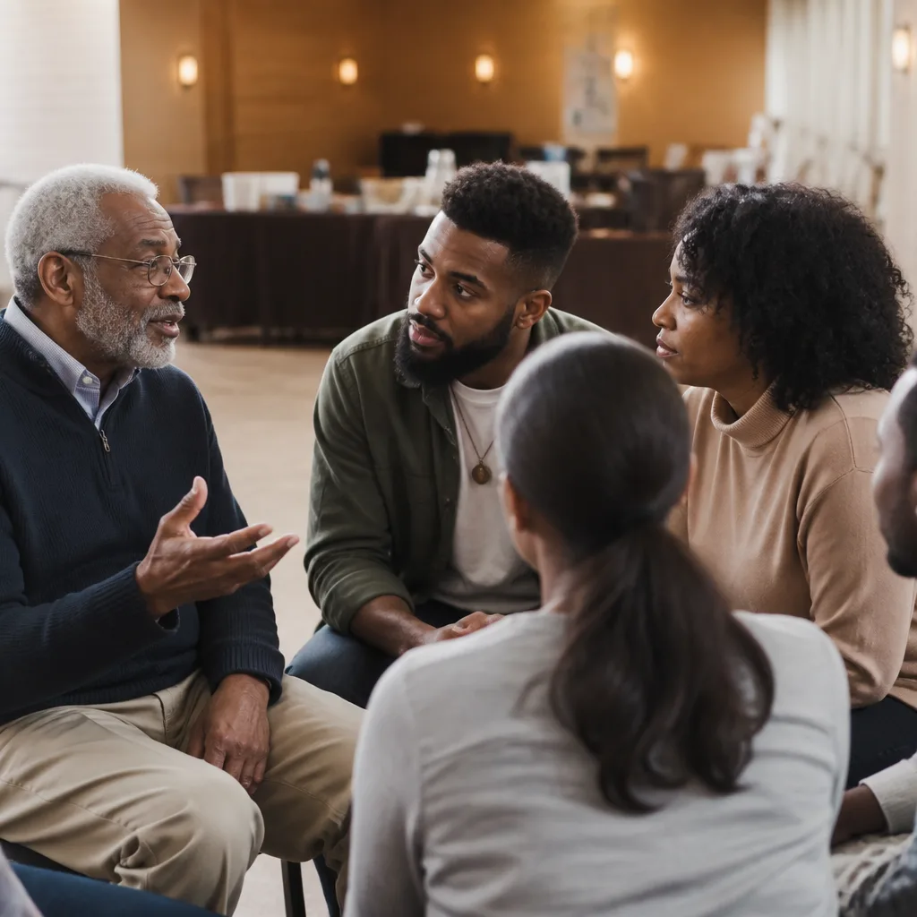 A family group having a respectful conversation in a calm community setting