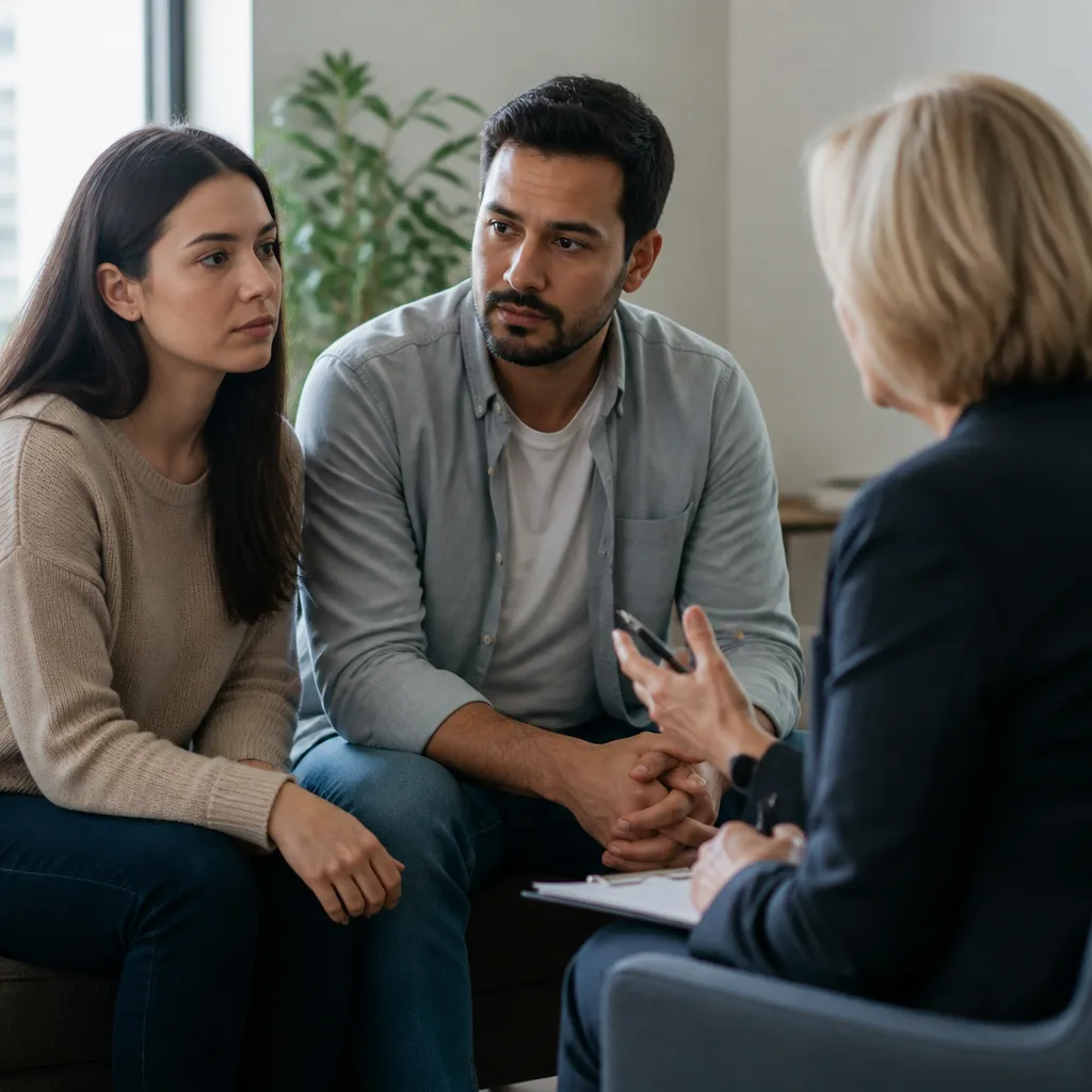 A couple and counselor sharing guidance in a calm community counseling setting