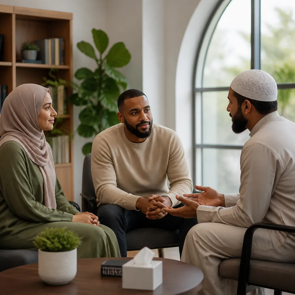 Couple receiving supportive guidance during an Islamic marriage readiness session at a community center