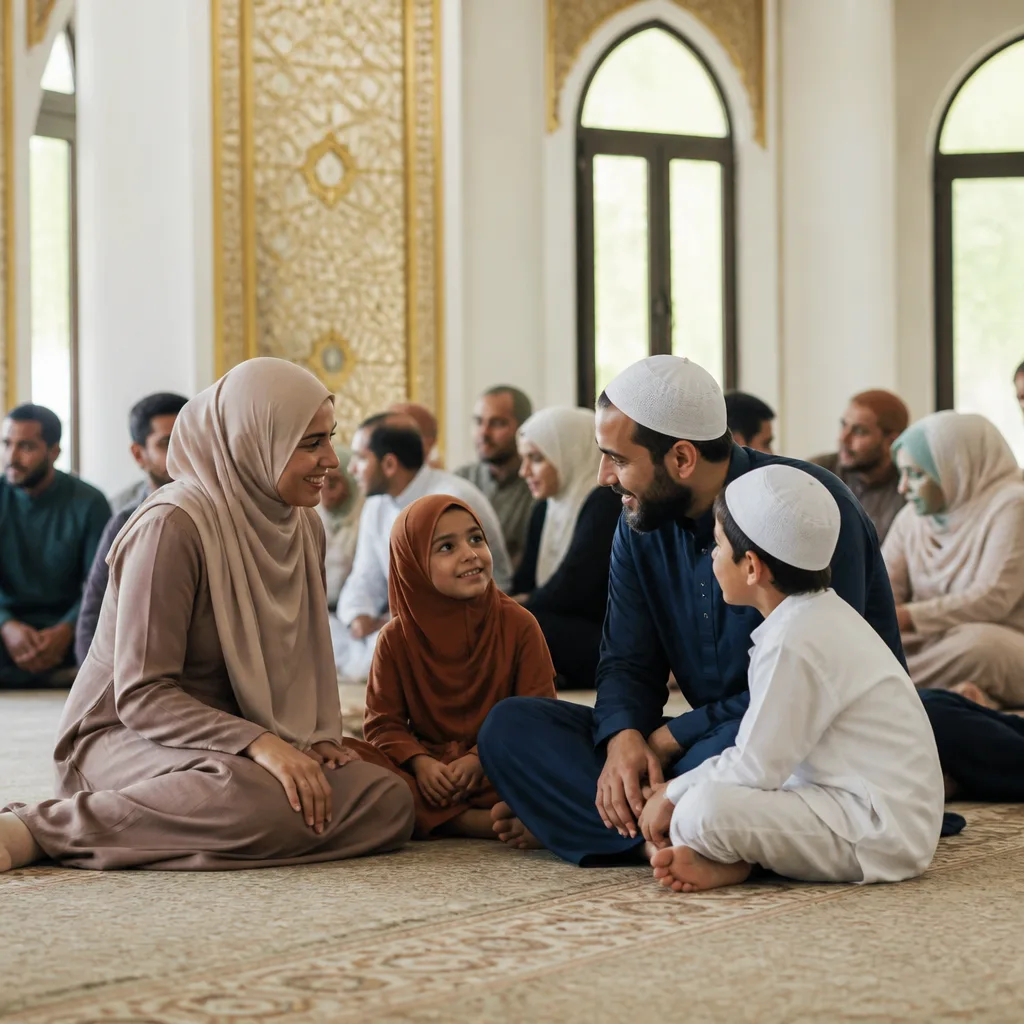 Families and couples gathered respectfully in a community hall setting for a Nikah support experience