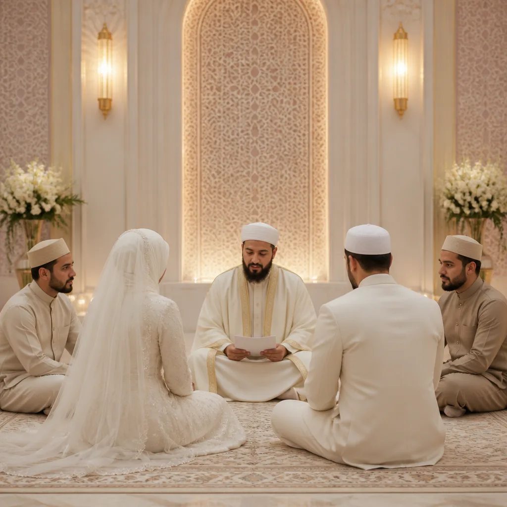 A welcoming nikah ceremony setting with the officiant guiding the couple in an organized, respectful atmosphere.