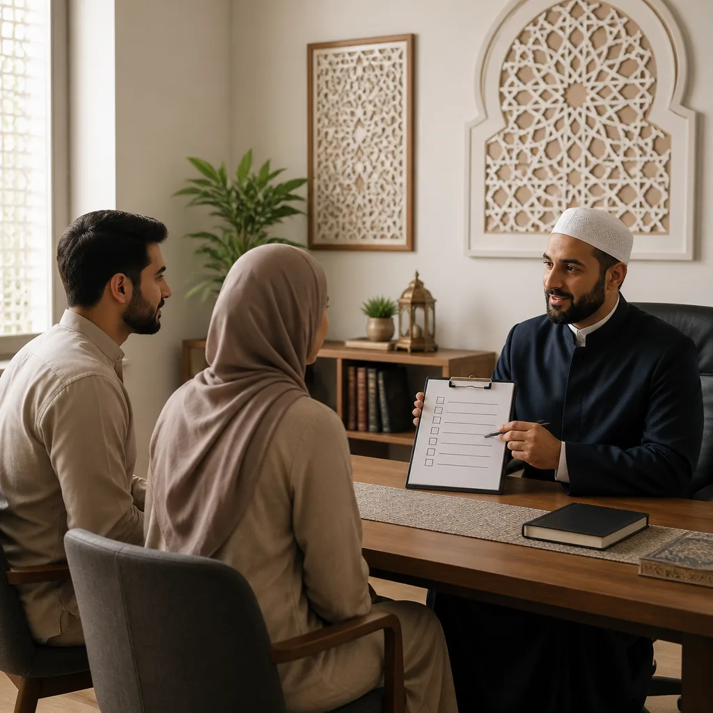Couple receiving compassionate readiness guidance from an AMCC counselor for their Nikah journey.