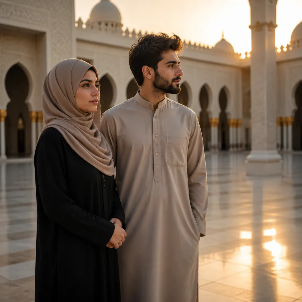 Modest couple standing peacefully outdoors near a mosque at golden hour