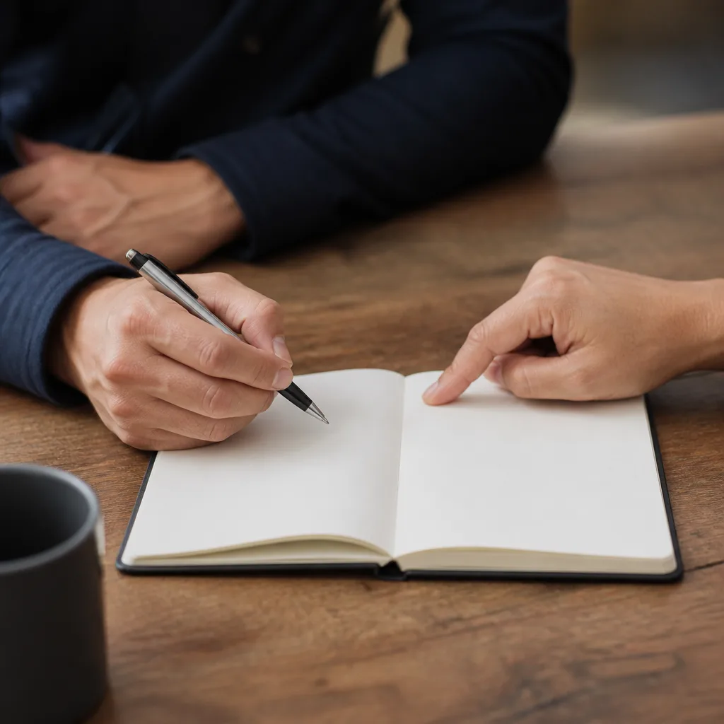 Hands planning together with a blank notebook on a table