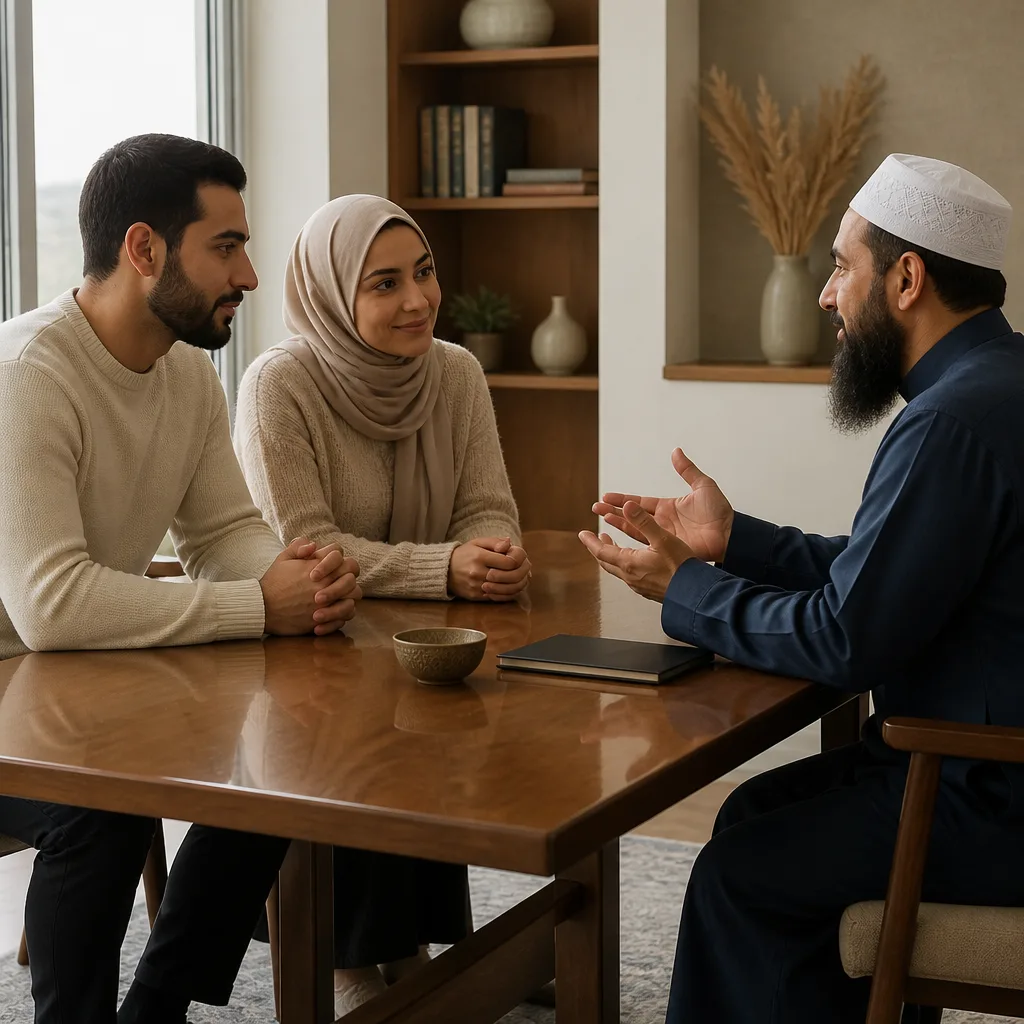 Couple and imam in a quiet meeting room with natural window light
