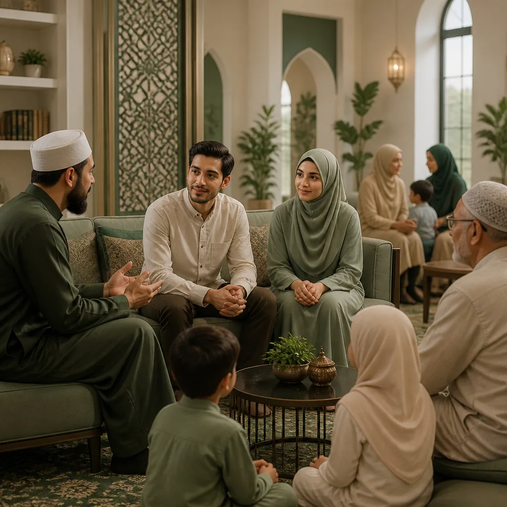 An imam and families supporting a couple with respectful guidance for Nikah preparation.